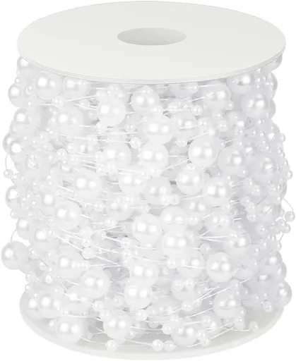 100 Feet Faux Pearls String Beads Fishing Line Artificial Decoration Pearl Strand Roll Beaded for Wedding Valentine Decoration DIY Accessories Party Supplies (White)