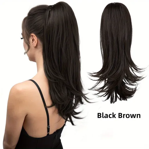 Clip-on Ponytail Hairpiece — Dual-use design, rotate 180° to switch between styles. Made of synthetic fiber, it's easy and quick to wear. Special craftsmanship ensures a natural, realistic look once put on.(BLACK BROWN)