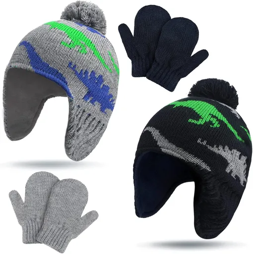 4 PCS Baby Boy Toddler Dinosaur Hat and Glove Set Boys Winter Hat Beanie Kids Gloves Winter Earflap Beanie Fleece Skiing Caps with Warm Ear Flap (Grey, Navy Blue, Green, Blue)