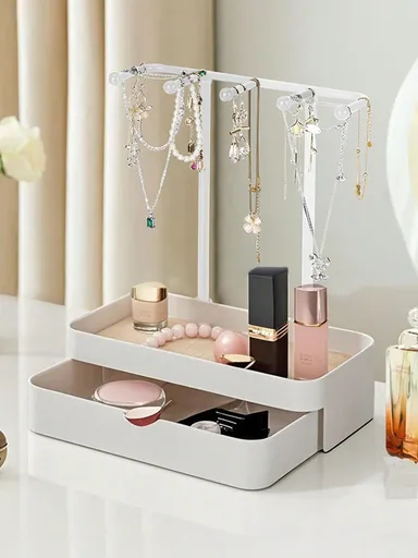 White Jewelry Display Stand With Drawer Box For Earrings Necklaces Storage Wooden Base Hanging Rack For Bracelets Rings Watches Summer Necessity Travel Gift Valentine s Day Gift