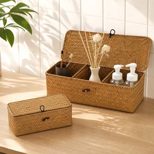 1Pcs Seagrass Woven Storage Basket with Lid Wicker Shelves Storage Baskets with 3-Section Toilet Paper Basket Holder for Bathroom Table