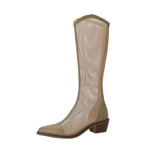 Women Mesh Long Boots Chunky Heel Hollow Apricot 40