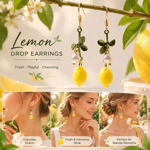 Fresh Clover Dangle Earrings, Single Pearl Decor With Lemon Accent, One Pair