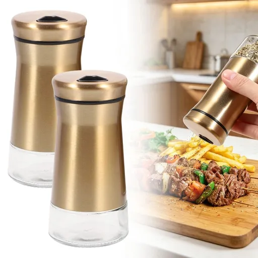 Salt and Pepper Shakers Set Stainless Steel Glass Bottom Refillable Spice Bottles Seasoning Dispenser for Kitchen Cooking BBQ Restaurant Travel Spice Storage Containers 2 Pack, Gold