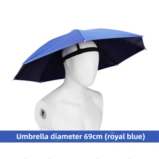 Royal Blue Foldable Sun & Rain Umbrella Hat (Diameter 69CM) - 99% UV Potective and Wind/Rainproof Fishing Umbrella with Elastic Headband