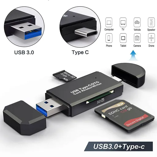 USB OTG Adapter Multi Function 3 in 1 USB Micro USB Type C Black