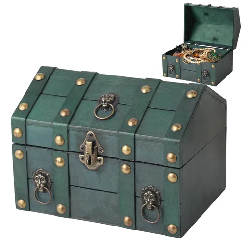 Vintage Wooden Treasure Chest, Antique Emerald Green Decorative Storage Box, Memory Keepsake Jewelry Organizer with Lock Clasp for Home Decor, 9.4 x 6.7 x 7.1 in