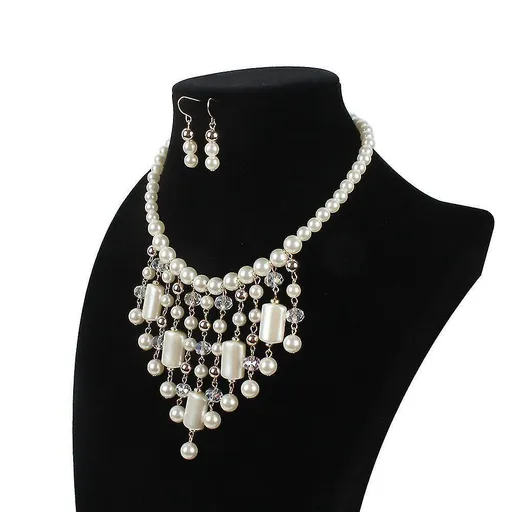 Waterfall Style Pearl Chain And Crystal Resin Beads Statement Necklace Pearl Earrings Pearl Jewelry Set
