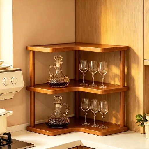 3 Tier Desktop Organizer Shelf Wooden Corner Display Stand for Kitchen Counter Coffee Bar Brown