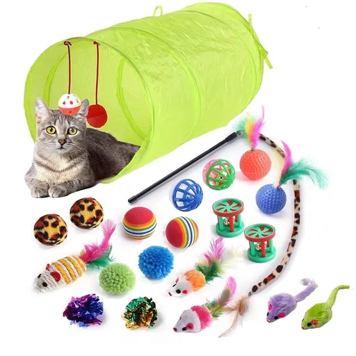 21 PCS Assortments Cat Toys Set- Cat Tunnel,Cat Spring,Feather Teaser,Mice,Colorful Balls & Bells.Perfect for Kittens,Cats,and Puppies
