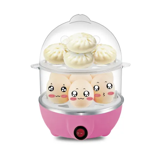 Electric Egg Cooker Steamer with Timer Auto Shut-Off 14 Egg Capacity 350W Double Layer Multifunctional for Milk Food Heating Pink