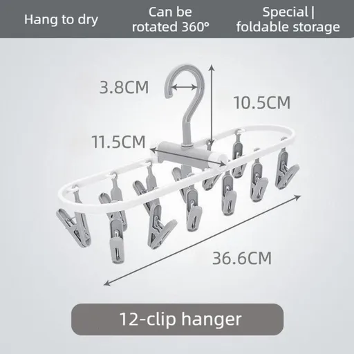 Folding Clothes Hanger with 12 Clips, Foldable Multi-clip Hanger, Underwear and Socks Drying Rack—Gray