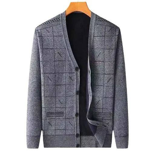 Men V Neck Fleece Cardigan Sweater Loose Fit Plaid fleece-lined cardigan light gray 2XL