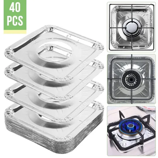 40pcs Gas Burner Covers, Disposable Aluminum Foil Square Stove Burner Liners, Gas Range Stove Protectors, 8.6" x 8.6