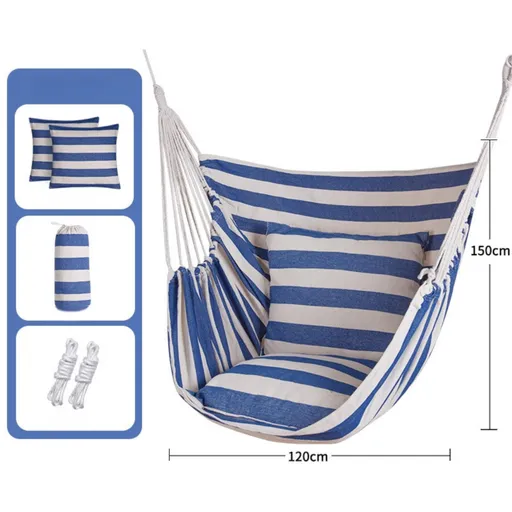 Blue White Stripes Oversized Hanging Swing Chair Canvas Hammock + 2 Pack 45 x 45CM Pillows Set (120 x 150 CM) - Portable Indoor & Outdoor Thickened Leisure Hammock Chair with Binding Ropes and Storage Bag