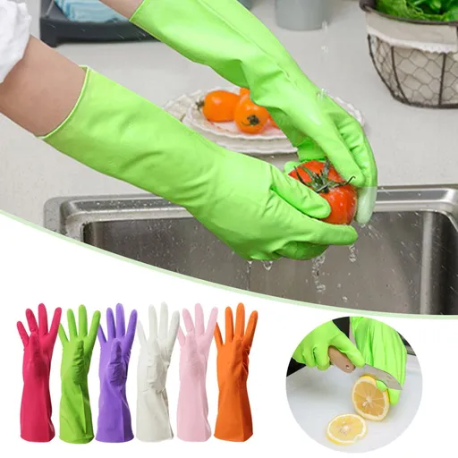 1 Pair Long Rubber Cleaning Gloves with Protective Sleeves, Kitchen and Household Washing Gloves for Wet Cleaning, 3-Green 1