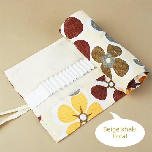 108-Slot Print Canvas Pencil Roll (Beige and khaki flowers)- Large Capacity Roll-Up Pencil Case with Individual Holders and Tie Closure for Coloured Pencils, Drawing and Sketching