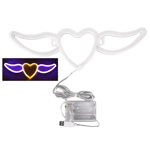 Heart Shaped Neon Light Safe Energy Saving Dual Power Heart Shaped Wings Neon Sign for Valentine's Day Wedding(Purple Light Warm White Light )