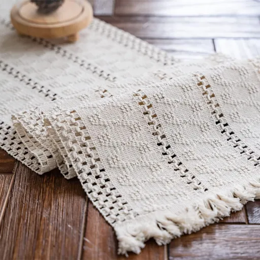 Macramé Table Runner 30x180 cm Handmade Cotton Linen Boho Style Beige Decorative Tablecloth