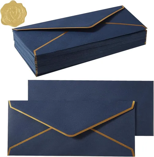 100 Pack #10 Business Envelopes with Gold Border, Self Seal Standard Envelopes with Gold Stickers for Office, Checks, Letter Mailing, Invoices, 4 1/8 x 9 1/2 Inches (Navy Blue)