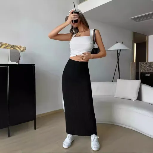 Ribbed Maxi Skirt Women'S Maxi Skirt Black Maxi Skirt Beige Maxi Skirt Trendy - Black - Size XS