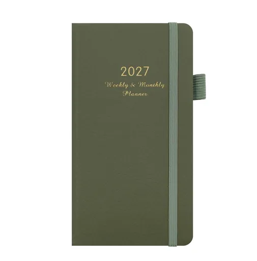 2027 Green Weekly & Monthly Planner - Compact 18 x 10 cm English Schedule Book, 144 Pages with Yearly Overview, Monthly Planning, Notes, Pen Loop and Elastic Closure