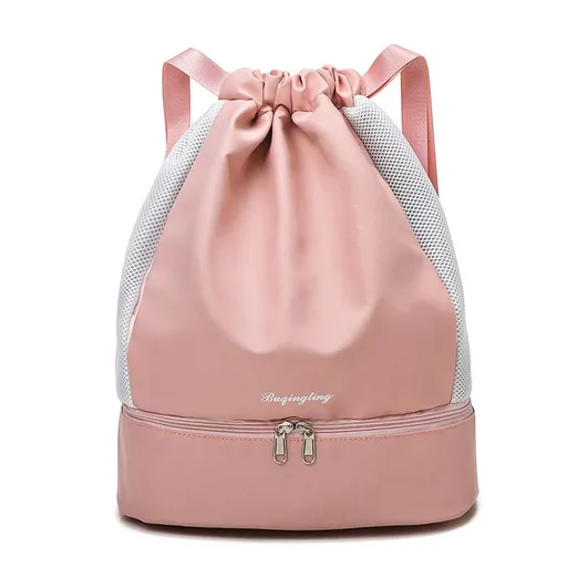 Drawstring Sports Backpack with Shoe Compartment Wet Pocket Gym Swimming Bag - Pink