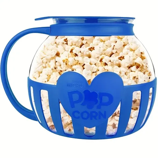 Microwave Glass Popcorn Bowl, High Borosilicate Heat Resistant, Multi-Functional Measuring Lid, Butter Seasoning, Oil-Free Low Fat, 2-3 Min Fast Pop, Dishwasher Easy Clean, DIY Family Fun(blue)