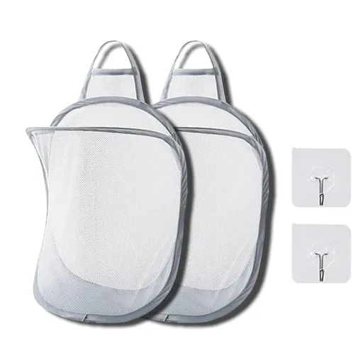 Mesh Collapsible Small Wall Laundry Baskets，Hanging Laundry Hamper，for Hotel, University Dormitory Use (Two gray ones including adhesive hooks)