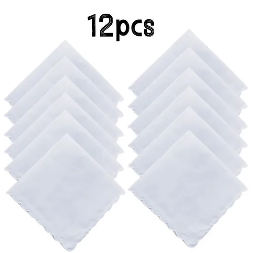 Bulk Pack Handkerchiefs, Cotton Scalloped Hankies, Pocket Square Towel, White, 11x11 Inches, 12 PCS,Soft Reusable Daily