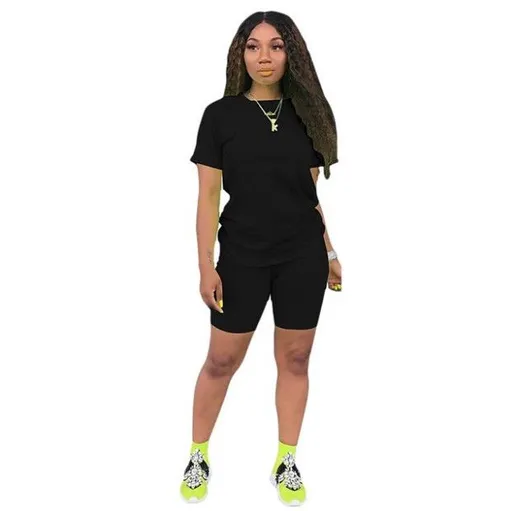 Ishilian Women Solid Color Polyester Spandex Casual Suit Black XXXL