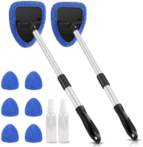 Windshield Cleaning Tool, Car Window Cleaner Windshield Cleaner with 8 Reusable and Washable Microfiber Pads and Extendable Handle Auto Inside Glass Wiper Kit, Blue, 2