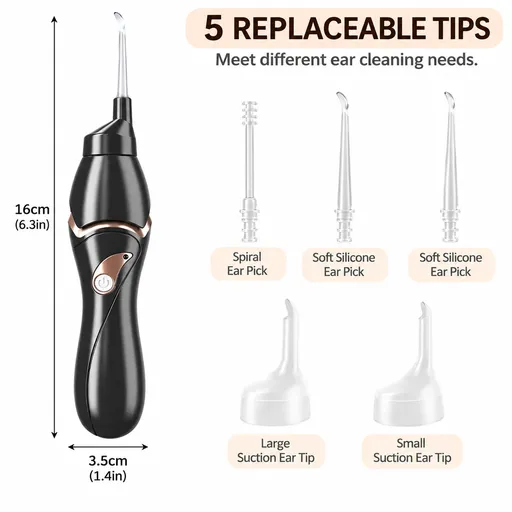 Black Electric LED Ear Cleaner Tool - Rechargeable Suction Force Ear Pick with 5 Soft & Fine Cleaning Scoops for Home and Travel Use