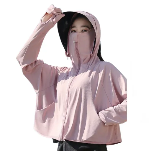 Pink UPF50+ Sun Protection Hoodie for Women - Breathable Polyester Long Sleeve Cover-Up with Detachable Brim and Face Mask, Lightweight 300g Design for Outdoor Cycling Beach Travel