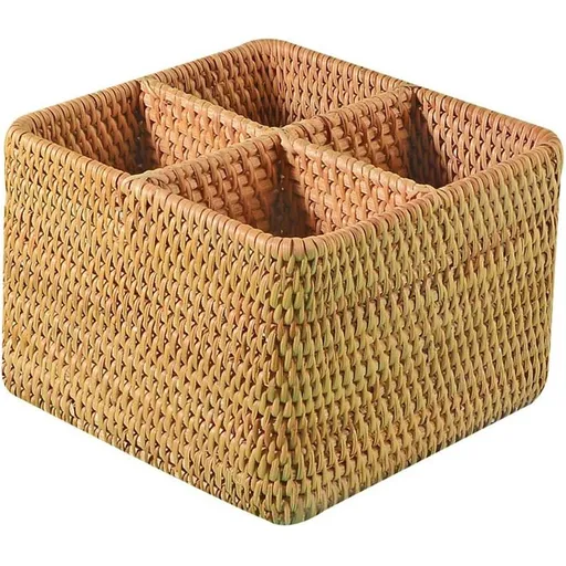 Natural Rattan 4 Compartments Cooking Utensil Silverware Organizer Holder Cosmetics Storage Box Cutlery Caddy Flatware Serving Basket