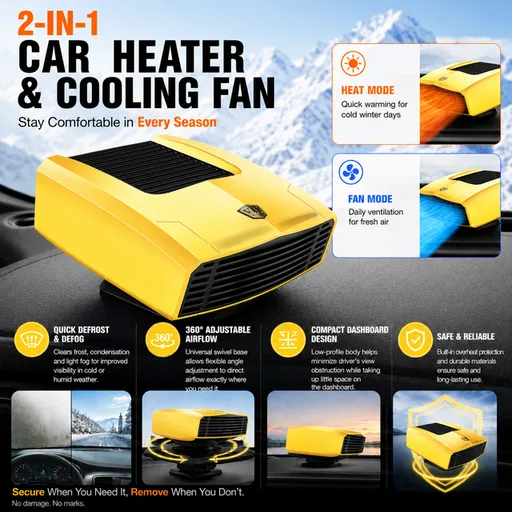 Yellow Compact Car Heater Fan with 360° Adjustable Base, Fast Defrost & Demister, Dual Mode Heat & Cooling Fan, Quiet Constant Tempe Dashboard Heater for Cars Winter Driving (12V / 150W)