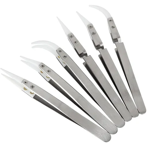 6pcs Precision Ceramic Inverted Soldering Tweezers Non-conductive Antimagnetic Pointed Curved Tips