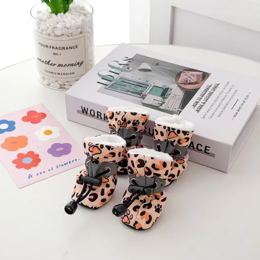 AMOOR Dog Shoes Winter Soft Bottom Fleece Adjustable Leopard Print 3#