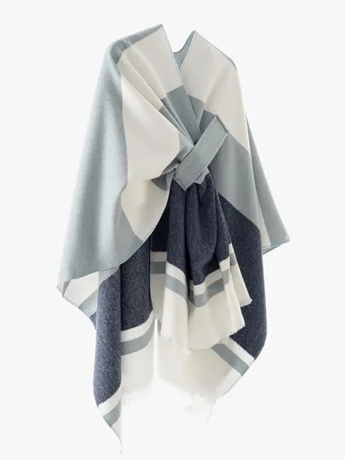 European and American minimalist cross-tie plaid cape cloak, acrylic warm versatile autumn winter outerwear fashion piece(navy blue)