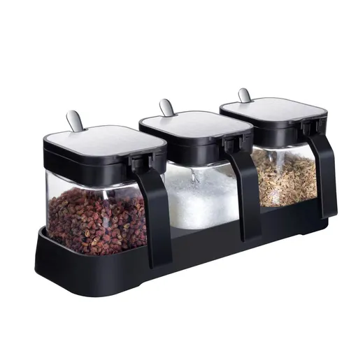 Glass Condiment Jar Spice Container with Lids and Spoons, Square Clear Seasoning Sugar Containers Set with Base,Sugar Pepper Salt