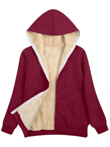 Fleece-Lined Hooded Jacket Women'S Winter Jacket Autumn Winter Coat Hooded - Burgundy - Size M(AU M/EU48)