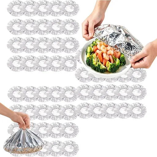 Reusable Aluminum Foil Wrap, 110°C Heat Resistant Elastic Food Covers for Meals Vegetables Fruits Leftovers, for Kitchen, Picnic, Restaurant, and Home (60 Pcs, Silver)