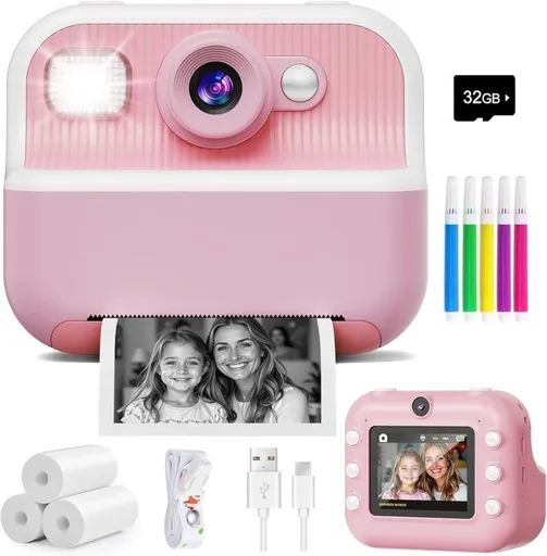 1 Children's Digital Camera with Instant Printing 1080P HD 2.4-inch Screen, Pink, Includes Paper and 32GB Card for Ages 3-12
