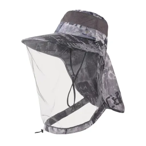 Camouflage Grey Adjustable Anti-Mosquito Sun Fishing Hat - Breathable Full Face Mesh Veil & Outdoor Sun Protection Hat with Windproof Drawstring