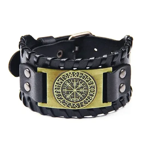 Viking Compass Leather Bracelet Men Adjustable PU Leather Cuff Runes Wristband - Bronze