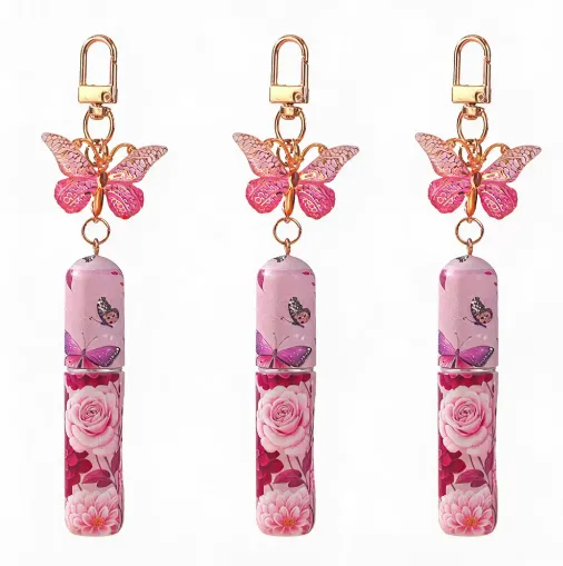 3 Pack Pink 5ml Portable Perfume Atomizer Keychain Butterfly Charm Floral Refillable Travel Spray Bottle Set - Same Design
