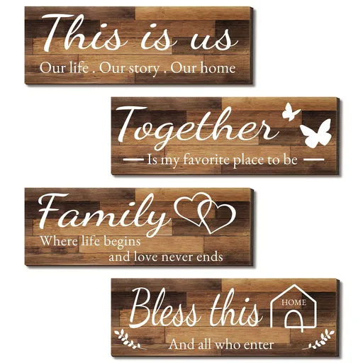4 Pieces Home Wall Signs, THIS IS US/TOGETHER/BLESS THIS HOME/FAMILY Wall Decor For Living Room Bedroom, 4.7 x 13.8 Inch(Brown)