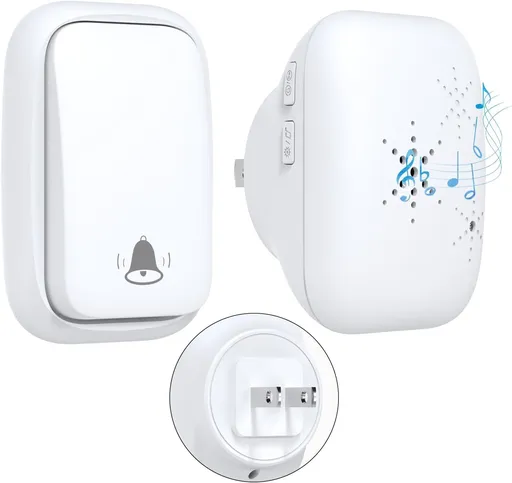 US Plug Self Powered Wireless Doorbell No Battery 100M Distance 38 Songs Door bell Button Outdoor Doorbell Wireless Waterproof for Home School Office (US White 1V1 A)