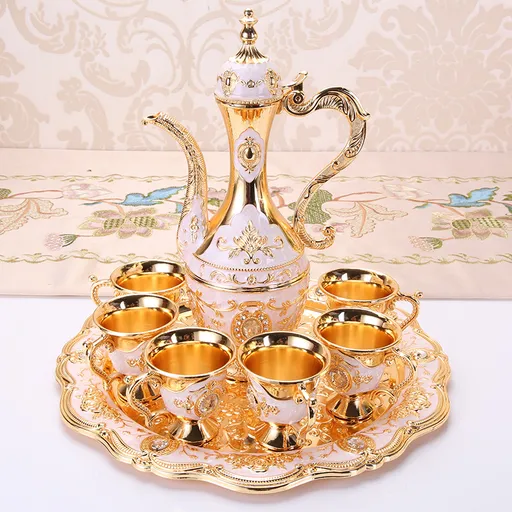 Elegant Gold Metal Serving Set - Decanter, 6 Cups, Tray (White Gold)
