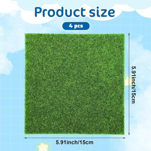 Xindojuz 4 Packs Fake Grass Decor, Artificial Grass for Crafts, Fairy Garden Turf, Diorama Supplies Miniature Lawn Mat, Dollhouse Ornament DIY Decoration Accessories (6" x 6"/15 x 15 cm)